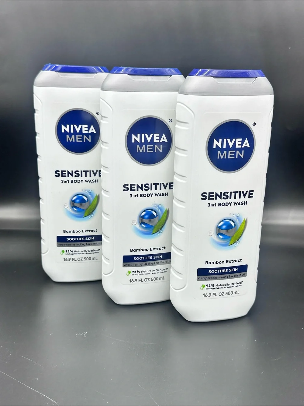 NIVEA MEN Sensitive 3-in-1 Body Wash Bamboo Extract 16.9 oz - Pack of 3